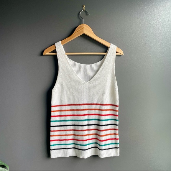 Women Knit White V Neck Tank Top Sweater with Bright Colored Stripes Size Small - Picture 1 of 4